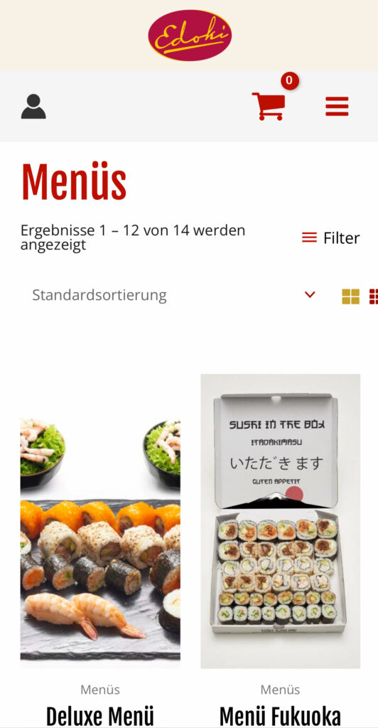 Screenshot der Speisekarte