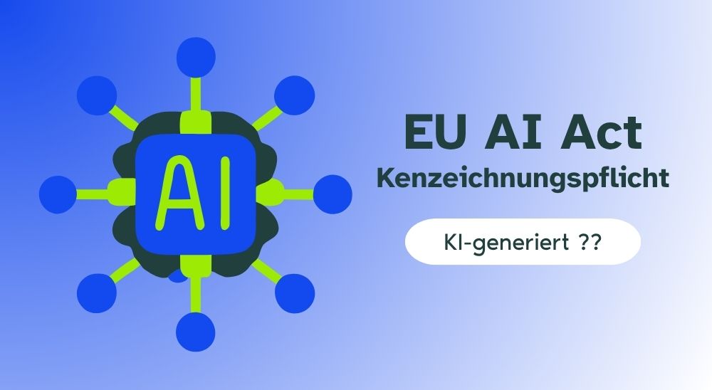 Titel: EU AI Act auf blauem Hintergrund mit AI Symbol links daneben