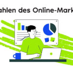 Person (als Figur dargestellt) sitzt an Schreibtisch und schaut sich Kennzahlen von Online-Marketing an