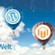 zwei Heißluftballons mit den Bild-Marken von WordPress und Magento